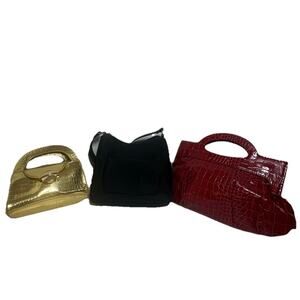 3 Purse Bundle Handbags Black Gold Red Croc Faux Leather Top Handle Shoulder